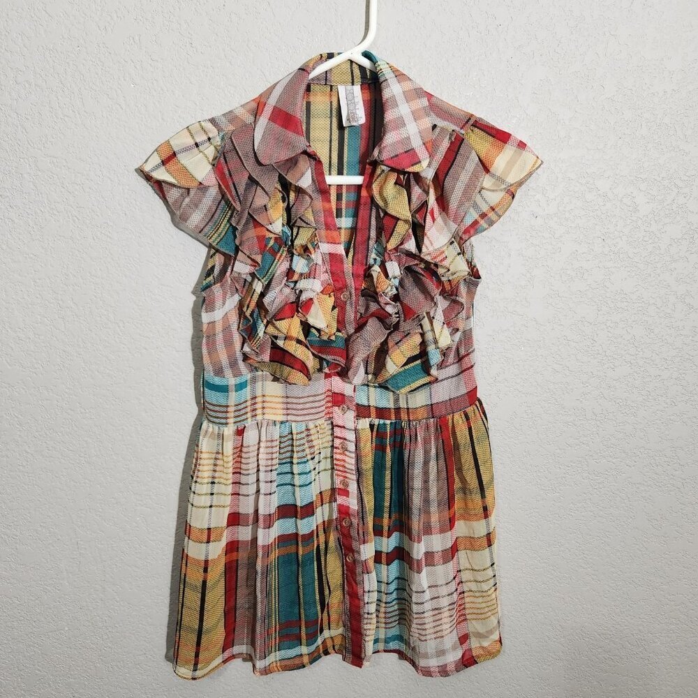 Agaci Blouse Womens Small Multicolor Top Boho Milkmaid Plaid Patchwork